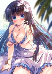 Rule 34 | 1girl, beach, black hair, blue eyes, blush, bow, breast rest, breasts, cleavage, collarbone, dress, flower, frilled bow, frilled dress, frills, hair bow, hair flower, hair ornament, halterneck, highres, hime cut, jewelry, kouta., large breasts, light rays, long hair, looking at viewer, necklace, original, outdoors, ribbon, sitting, smile, solo, thighs, white bow, white dress, yellow ribbon, yokozuwari