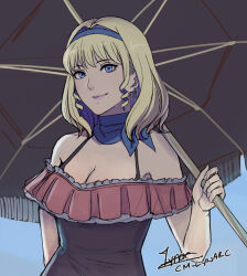 Rule 34 | 1girl, alternate costume, artist name, bare shoulders, black one-piece swimsuit, blonde hair, blue choker, blue eyes, blue hairband, blue sky, breasts, choker, cleavage, cm lynarc, commentary, constance von nuvelle, day, drill hair, drill sidelocks, earrings, fire emblem, fire emblem: three houses, fire emblem warriors: three hopes, hairband, holding, holding umbrella, jewelry, looking at viewer, medium breasts, medium hair, nintendo, off-shoulder one-piece swimsuit, off shoulder, official alternate hairstyle, one-piece swimsuit, purple lips, sidelocks, signature, sky, smile, solo, swimsuit, umbrella, upper body
