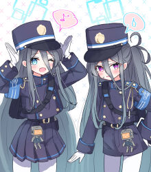 Rule 34 | &lt;key&gt; (blue archive), 2girls, absurdly long hair, aris (blue archive), black hair, black hat, black shirt, black shorts, black skirt, black tail, blue archive, blue eyes, blush, commentary request, eighth note, gloves, green halo, halo, hat, highres, long hair, long sleeves, multiple girls, musical note, one eye closed, one side up, open mouth, pantyhose, partial commentary, peaked cap, red eyes, sateto (user knrf2332), shirt, shorts, skirt, smile, spoken musical note, spoken sweatdrop, sweatdrop, very long hair, white background, white gloves, white pantyhose