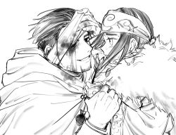 Rule 34 | 1boy, 1girl, ainu, ainu clothes, asirpa, bandaged head, bandages, bandana, black eyes, black hair, blood, blood on face, cape, couple, da ning (llemonyyyy), ear piercing, earrings, eye contact, face-to-face, facial hair, facial scar, fingernails, from side, fur cape, golden kamuy, greyscale, hair slicked back, hair strand, hand on own head, hetero, highres, holding another&#039;s arm, hood, hood down, hooded cape, hoop earrings, imperial japanese army, jewelry, long hair, long sleeves, looking at another, military, military uniform, monochrome, ogata hyakunosuke, one eye covered, parted lips, piercing, scar, scar on cheek, scar on face, short hair, simple background, smile, stubble, sweat, undercut, uniform, upper body, white background, white cape, wide sleeves
