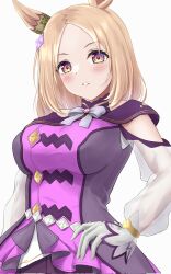 Rule 34 | 1girl, animal ears, blonde hair, blush, bow, bowtie, bracelet, breasts, commentary, dress, ear ornament, gloves, gold trim, gradient eyes, highres, horse ears, horse girl, jewelry, large breasts, long sleeves, looking at viewer, multicolored eyes, narita top road (umamusume), parted bangs, purple dress, short hair, simple background, solo, taku (312nismo1), two-tone eyes, umamusume, white background, white gloves, white sleeves, yellow eyes