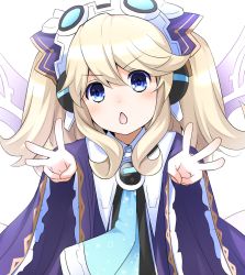 Rule 34 | 1girl, blonde hair, blue eyes, blush, chestnut mouth, commentary request, doria (p f dolia), hair between eyes, hair ornament, headgear, histoire, long hair, looking at viewer, neptune (series), open mouth, solo, swept bangs, twintails, v-shaped eyebrows, wings