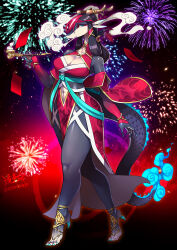 Rule 34 | 1girl, aerial fireworks, animal ears, bare shoulders, barefoot sandals (jewelry), black hair, blowing smoke, blue eyes, breasts, chinese zodiac, cleavage, clothing cutout, colored skin, commentary request, detached sleeves, dragon ears, dragon girl, dragon horns, dragon tail, fingernails, fireworks, full body, furry, furry female, hair ornament, highres, holding, holding smoking pipe, horn ornament, horns, japanese clothes, kimono, kiseru, large breasts, long hair, looking at viewer, multicolored hair, navel, navel cutout, night, obi, original, red hair, red kimono, ryuusei (mark ii), sash, scales, sharp fingernails, sharp toenails, signature, smoke, smoking pipe, snout, solo, tail, toenails, two-tone hair, year of the dragon