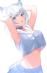 Rule 34 | 1girl, :o, animal ears, armpits, arms up, blue hair, blue shirt, blue skirt, blush, bow, breasts, buckle, cat ears, collar, commentary request, cowboy shot, crop top, hair ornament, hairclip, heart, heart-shaped pupils, highres, kobayuu, looking at viewer, medium breasts, midriff, mole, mole under eye, navel, open mouth, original, purple eyes, sailor collar, shirt, short hair, skirt, sleeveless, sleeveless shirt, solo, stomach, sweat, symbol-shaped pupils, white bow, white sailor collar, x hair ornament