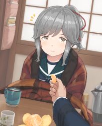 Rule 34 | 1boy, 1girl, admiral (kancolle), blue sailor collar, brown eyes, commentary request, cup, dotera (clothes), dutch angle, food, fruit, grey hair, hair ribbon, hayashi naoharu, highres, holding, holding food, kantai collection, kettle, long hair, mandarin orange, partial commentary, ponytail, pov, pov hands, red ribbon, ribbon, sailor collar, school uniform, serafuku, smile, solo focus, table, usugumo (kancolle), yunomi