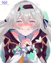 Rule 34 | 1girl, absurdres, black hairband, black jacket, blue ribbon, blush, crying, crying with eyes open, firefly (honkai: star rail), grey hair, hair between eyes, hair ornament, hair ribbon, hairband, highres, honkai: star rail, honkai (series), jacket, nose blush, own hands together, purple eyes, ribbon, simple background, solo, tears, thevarnese, upper body, white background