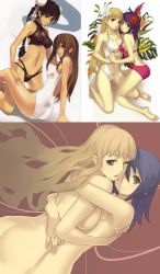 Rule 34 | 00s, 4girls, ar tonelico, ar tonelico i, ar tonelico ii, arm support, ass, aurica nestmile, back, bare shoulders, barefoot, bikini, black hair, blonde hair, blue eyes, blue hair, bow, braid, breast press, breasts, brown eyes, brown hair, bun cover, chroche latel pastalie, collarbone, double bun, feet, female focus, flower, gust, hair bun, hair flower, hair ornament, highres, holding hands, hug, interlocked fingers, kneeling, large breasts, legs, long hair, looking at viewer, looking back, luca truelywaath, medium breasts, midriff, misha arsellec lune, multiple girls, nagi ryou, navel, nude, official art, one-piece swimsuit, one eye closed, open mouth, pink one-piece swimsuit, purple eyes, short hair, single hair bun, sitting, smile, soles, swimsuit, toes, twin braids, white one-piece swimsuit, wink, yellow eyes, yuri