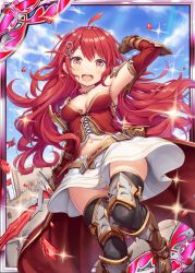 Rule 34 | 1girl, akkijin, belt, blue eyes, breasts, brown gloves, card (medium), cleavage, gloves, hair ornament, holding, holding sword, holding weapon, looking at viewer, looking down, medium breasts, official art, red hair, shinkai no valkyrie, sword, thighhighs, weapon