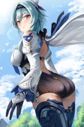 Rule 34 | 1girl, absurdres, ass, backless outfit, black gloves, black thighhighs, blue hair, blush, breasts, brown eyes, cape, clothing cutout, commentary, day, dvdraw, eula (genshin impact), from behind, genshin impact, gloves, hairband, highres, large breasts, leotard, long hair, long sleeves, looking at viewer, outdoors, parted lips, shoulder cutout, sky, solo, standing, thighhighs, thighs, white cape
