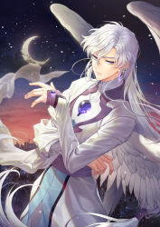 Rule 34 | 1boy, absurdres, bishounen, cardcaptor sakura, city, cityscape, closed mouth, cloud, commentary, crescent moon, earrings, expressionless, eyelashes, feathered wings, floating hair, gem, glint, grey eyes, hair between eyes, hand up, highres, jewelry, lem tea, long hair, long sleeves, looking at viewer, low-tied long hair, male focus, moon, night, night sky, outdoors, parted bangs, robe, sidelocks, sky, sleeves past wrists, solo, star (sky), starry sky, very long hair, white hair, white robe, white wings, wings, yue (cardcaptor sakura)