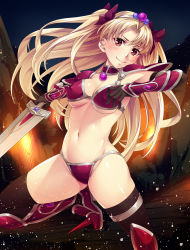 Rule 34 | 1girl, armor, armored boots, bikini, bikini armor, black thighhighs, blonde hair, boots, breasts, choker, cosplay, covered erect nipples, dire, elizabeth bathory (brave) (fate), elizabeth bathory (brave) (fate) (cosplay), elizabeth bathory (fate), ereshkigal (fate), fate/grand order, fate (series), highres, holding, holding sword, holding weapon, long hair, looking at viewer, medium breasts, mukunokino isshiki, navel, night, purple bikini, red armor, red eyes, shoulder armor, smile, solo, spiked boots, swimsuit, sword, thighhighs, tiara, tohsaka rin, two side up, very long hair, weapon