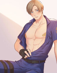 Rule 34 | 1boy, bandaid, bandaids on nipples, belt, black belt, black gloves, blonde hair, blue eyes, blue pants, blue shirt, blush, collarbone, collared shirt, cowboy shot, dbox 2525, fingerless gloves, gloves, grey background, highres, leon s. kennedy, looking at viewer, male focus, open clothes, open shirt, pants, parted bangs, pasties, pectorals, police, police uniform, resident evil, resident evil 2, shirt, short hair, short sleeves, sitting, solo, sweatdrop, thigh strap, uniform