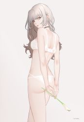 Rule 34 | 1girl, arms behind back, ass, back, bare arms, bare back, bare shoulders, black choker, bra, breasts, brown eyes, choker, closed mouth, cowboy shot, expressionless, flower, from behind, grey background, grey hair, highres, holding, holding flower, inanome me, long hair, looking back, original, panties, shoulder blades, signature, simple background, small breasts, solo, standing, thighs, underwear, underwear only, v arms, white bra, white panties