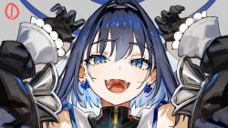 Rule 34 | 1girl, blue eyes, blue hair, chain, chain headband, earrings, fangs, hair intakes, hololive, hololive english, jewelry, long hair, looking at viewer, mixed-language commentary, open mouth, ouro kronii, ouro kronii (1st costume), ribbon earrings, short hair, smile, solo, virtual youtuber, wada arco
