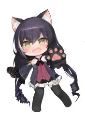 Rule 34 | 1girl, animal ear fluff, animal ears, animal hands, bad id, bad pixiv id, bare shoulders, black gloves, black hair, black sleeves, black thighhighs, blush, cat ears, chibi, detached sleeves, diamond-shaped pupils, diamond (shape), dokomon, fang, full body, garter straps, gloves, green eyes, hair between eyes, highres, karyl (princess connect!), long hair, long sleeves, looking at viewer, low twintails, open mouth, paw gloves, princess connect!, purple skirt, ringlets, shirt, simple background, skirt, sleeveless, sleeveless shirt, solo, symbol-shaped pupils, tears, thighhighs, twintails, very long hair, white background, white shirt, wide sleeves