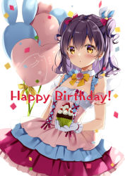 Rule 34 | 1girl, balloon, bare shoulders, black hair, blush, bow, breasts, brown eyes, commentary request, confetti, cupcake, dress, food, fruit, gloves, hair between eyes, hair bow, happy birthday, hibiki ao, hibiki ao (channel), holding, holding food, layered dress, long hair, looking at viewer, natsume eri, parted lips, pink dress, pleated dress, red bow, simple background, small breasts, solo, strawberry, two side up, virtual youtuber, white background, white gloves, yellow bow