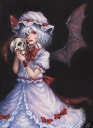 Rule 34 | 1girl, bat wings, bow, brooch, darkness, dress, hair over one eye, hat, hat ribbon, jewelry, johnalay, looking at viewer, mob cap, oil painting (medium), painting (medium), parted lips, puffy sleeves, red eyes, remilia scarlet, ribbon, sash, short sleeves, silver hair, skull, solo, touhou, traditional media, white dress, wings, wrist cuffs