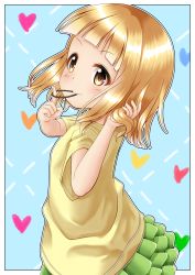 Rule 34 | 10s, 1girl, blonde hair, blush, brown eyes, closed mouth, commentary request, green skirt, hair tie, hair tie in mouth, hand in own hair, hand up, head tilt, heart, highres, kise saki, layered skirt, long hair, looking at viewer, looking to the side, mitsuboshi colors, mouth hold, pleated skirt, regular mow, shirt, short sleeves, skirt, smile, solo, yellow shirt