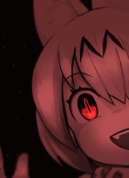 Rule 34 | 10s, 1girl, :d, animal ears, blurry, cat ears, depth of field, fang, hoshitetsu ringo, kemono friends, looking at viewer, open mouth, red eyes, serval (kemono friends), serval print, short hair, simple background, slit pupils, smile, solo, spot color, waving