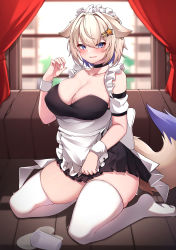 Rule 34 | 1girl, 5danny1206, absurdres, animal ears, apron, black choker, black dress, blue eyes, blush, breasts, choker, cleavage, collarbone, cup, dog ears, dog girl, dog tail, dress, frills, hair ornament, hand up, highres, kneeling, large breasts, maid headdress, original, parted lips, smile, solo, spill, tail, thighhighs, thighs, white apron, white headwear, white thighhighs, wrist cuffs