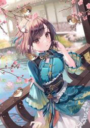 Rule 34 | 1girl, animal, animal on shoulder, bird, bird on shoulder, branch, breasts, brown eyes, brown hair, commentary, day, dress, floral print, flower, gin (gin937), green dress, hair ornament, hakunetsu! kamikou ouendan! (project sekai), hand in own hair, hand up, highres, light blush, long sleeves, looking at viewer, medium breasts, obi, obiage, outdoors, parted lips, pink flower, print dress, project sekai, sash, shinonome ena, short hair, shrug (clothing), sitting, solo, symbol-only commentary, water, wide sleeves