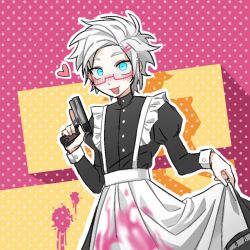 Rule 34 | 1boy, alternate costume, apron, black dress, blood, blood on clothes, blue eyes, blush, buttons, dress, enmaided, eyebrows hidden by hair, glasses, gun, hair ornament, hairclip, handgun, heart, holding, holding gun, holding weapon, juliet sleeves, kanou aogu, long sleeves, maid, maid apron, male focus, molia737, nose blush, open mouth, outline, pink-framed eyewear, pink blood, polka dot, polka dot background, puffy sleeves, saibou shinkyoku, short hair, solo, weapon, white hair, white outline