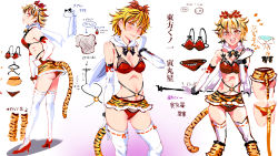Rule 34 | 1girl, adapted costume, animal print, bare shoulders, blush, bra, breasts, capelet, character sheet, cleavage, elbow gloves, gloves, gradient background, hair ornament, high heels, highres, looking at viewer, midriff, miniskirt, multicolored hair, multiple views, navel, no shirt, nyuu (manekin-eko), open mouth, panties, parody, red bra, red panties, skirt, smile, streaked hair, tail, taimanin (series), taimanin suit, thighhighs, tiger print, tiger tail, toramaru shou, touhou, translation request, underwear, white gloves, white thighhighs, yellow eyes