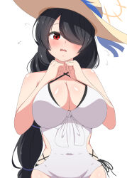 Rule 34 | 1girl, absurdres, black hair, blue archive, blush, braid, breasts, cleavage, commentary request, flying sweatdrops, hair over one eye, halo, hat, highres, hinata (blue archive), hinata (swimsuit) (blue archive), large breasts, long bangs, long hair, looking at viewer, one-piece swimsuit, parted lips, red eyes, sidelocks, simple background, single braid, sleeveless, solo, straw hat, sun hat, swimsuit, white background, white one-piece swimsuit, zhyseven