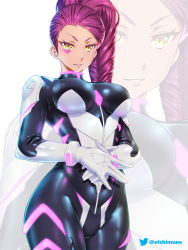 Rule 34 | 1girl, artist name, bodysuit, braid, braided ponytail, breasts, commentary, cosplay, crossover, dark-skinned female, dark skin, etchimune, facial mark, fire emblem, fire emblem: three houses, gloves, large breasts, lips, long hair, long sleeves, medium breasts, neon genesis evangelion, neon trim, nintendo, parted lips, petra macneary, plugsuit, purple hair, shiny clothes, simple background, skin tight, smile, solo, tattoo, turtleneck, white background, yellow eyes, zoom layer