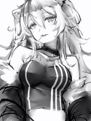 Rule 34 | 1girl, animal ears, bad id, bad pixiv id, breasts, cleavage, cropped shirt, greyscale, hair between eyes, head tilt, highres, hololive, jacket, large breasts, lion ears, long hair, looking at viewer, monochrome, mouth hold, nanashi (nlo), off shoulder, see-through, see-through cleavage, shirt, shishiro botan, shishiro botan (1st costume), simple background, sleeveless, sleeveless shirt, smile, solo, stalk in mouth, upper body, virtual youtuber, white background