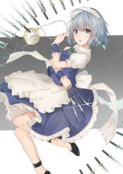 Rule 34 | 1girl, absurdres, apron, blue eyes, braid, emushake, highres, izayoi sakuya, knife, looking at viewer, maid, maid apron, maid headdress, open mouth, pocket watch, puffy short sleeves, puffy sleeves, revision, shirt, short sleeves, silver hair, skirt, skirt set, solo, throwing knife, touhou, twin braids, vest, waist apron, watch, weapon, wrist cuffs