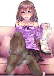 Rule 34 | 1girl, absurdres, blue eyes, blush, boots, unworn boots, brown hair, couch, feet, highres, holding, holding shoes, long hair, looking at viewer, open mouth, pantyhose, shoes, unworn shoes, sitting, soles, steam, toes