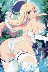 Rule 34 | 1girl, ass, ass focus, bare back, bare shoulders, blonde hair, breasts, elbow gloves, gloves, green eyes, hat, highres, long hair, looking back, open mouth, panties, senran kagura, shuriken, sideboob, thick thighs, thighhighs, thighs, torn clothes, underwear, water, weapon, wet, wet clothes, wet panties, white elbowgloves, white panties, white thighhighs, yomi (senran kagura)