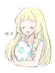 Rule 34 | 1girl, bad id, bad twitter id, blonde hair, braid, creatures (company), egg, closed eyes, game freak, highres, lillie (pokemon), long hair, mei (maysroom), nintendo, open mouth, pokemon, pokemon (anime), pokemon egg, pokemon sm (anime), simple background, sleeveless, solo, twin braids, white background