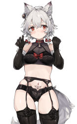 Rule 34 | 1girl, animal ear fluff, animal ears, animal hands, bad id, bad pixiv id, bell, black gloves, black panties, black thighhighs, blush, bow, braid, breasts, closed mouth, collar, commentary request, cowboy shot, elbow gloves, fur-trimmed gloves, fur trim, garter belt, gloves, hair bell, hair bow, hair ornament, hand up, izayoi sakuya, jingle bell, kemonomimi mode, maid headdress, navel, panties, paw gloves, pubic tattoo, red bow, red eyes, short hair, small breasts, solo, stomach, tail, tattoo, thighhighs, touhou, twin braids, underwear, underwear only, zairen