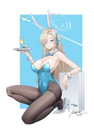 Rule 34 | 1girl, absurdres, alenx kevin, animal ears, armpits, asuna (blue archive), asuna (bunny) (blue archive), bare shoulders, blonde hair, blue archive, blue bow, blue bowtie, blue eyes, blue leotard, blush, bow, bowtie, breasts, cup, detached collar, drinking glass, fake animal ears, gloves, hair over one eye, halo, high heels, highleg, highleg leotard, highres, holding, holding tray, large breasts, leotard, light brown hair, long hair, looking at viewer, official alternate costume, on one knee, pantyhose, playboy bunny, rabbit ears, smile, solo, strapless, strapless leotard, traditional bowtie, tray, wrist cuffs