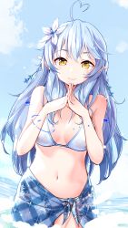 Rule 34 | 1girl, ahoge, bare arms, bare shoulders, beach, bikini, blue hair, braid, breasts, closed mouth, cowboy shot, elf, flower, hair between eyes, hair flower, hair ornament, half updo, heart, heart ahoge, highres, hololive, light blush, long hair, looking at viewer, medium breasts, navel, ocean, pointy ears, sarong, snowflake hair ornament, solo, steepled fingers, stomach, summer, swimsuit, virtual youtuber, wading, yellow eyes, yukihana lamy, yuyaiyaui