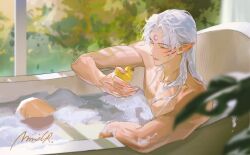 Rule 34 | 1boy, bathtub, blurry, blurry foreground, bubble, closed eyes, demon boy, facial mark, fingernails, forehead mark, highres, inuyasha, long fingernails, male focus, mmmilk, nude, parted bangs, partially submerged, plant, pointy ears, rubber duck, sesshoumaru, sharp fingernails, signature, solo, toned, toned male, white hair