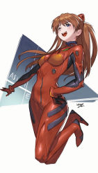 Rule 34 | 1girl, blue eyes, blush, brown hair, character name, from below, hand on own hip, highres, hirosegawa narumi, interface headset, long hair, neon genesis evangelion, outstretched arm, plugsuit, smile, solo, souryuu asuka langley, teeth, tongue, white background