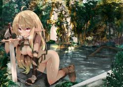 Rule 34 | 1girl, ahoge, blonde hair, blush, boots, breasts, elbow gloves, elf, fantasy, gloves, large breasts, long hair, nipples, open mouth, original, pointy ears, red eyes, solo, suisui (hakkindou), sword, torn clothes, weapon