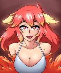 Rule 34 | 1girl, bare shoulders, blonde hair, breasts, cleavage, fiora (thundragon), hair between eyes, harpy, heart, heart-shaped pupils, highres, large breasts, long hair, looking at viewer, monster girl, multicolored hair, open mouth, orange eyes, orange feathers, orange wings, original, red hair, solo, symbol-shaped pupils, tank top, thundragon, two-tone hair, white tank top, winged arms, wings