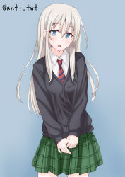 Rule 34 | 1girl, alternate costume, anti (untea9), blue eyes, blush, commentary request, hair between eyes, highres, kantai collection, long hair, looking at viewer, open mouth, pleated skirt, school uniform, simple background, skirt, solo, sweater, u-511 (kancolle), white hair