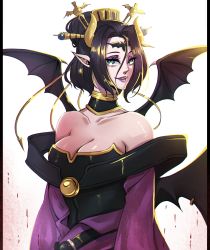 Rule 34 | 1girl, bandai, bare shoulders, bat (symbol), blue eyes, breasts, demon girl, digimon, female focus, highres, horns, lilithmon, lipstick, looking at viewer, makeup, seven great demon lords, smile, solo, demon girl