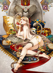 Rule 34 | 1girl, anklet, ass, bad id, bad pixiv id, barefoot, breasts, circlet, cobra (animal), coin, elf, food, fruit, gold, grapefruit, grapes, jewelry, large breasts, leaf (artist), leaf (kohakoo), long hair, long pointy ears, looking at viewer, lots of jewelry, nude, open mouth, original, pillow, pointy ears, red eyes, skull, snake, solo, treasure, very long hair