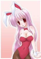 Rule 34 | 1girl, 7307, :p, animal ears, bad id, bad pixiv id, breasts, brown eyes, cleavage, female focus, gradient background, halftone, halftone background, large breasts, leotard, long hair, pantyhose, playboy bunny, purple hair, rabbit ears, reisen udongein inaba, solo, tongue, tongue out, touhou