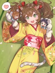 Rule 34 | 1girl, 2boys, :3, animal ears, animal hands, arisuke (natuyan), arm up, bakumatsu shishi channel, black eyes, black hair, blush, brown hair, cat ears, cat girl, cat tail, cowboy shot, fang, floral print kimono, flying sweatdrops, from above, green eyes, hair ribbon, heart, highres, in palm, japanese clothes, kimono, looking at another, looking down, lying, medium hair, mike (bakumatsu shishi channel), mini person, miniboy, mouse boy, mouse ears, multiple boys, obi, obiage, obijime, on back, on floor, open mouth, petals, ponytail, red ribbon, ribbon, sakamoto ryouma (bakumatsu shishi channel), sash, short hair, smile, spoken heart, sweatdrop, tail, takamori saigou (bakumatsu shishi channel), tatami, twintails, v-shaped eyebrows, wide sleeves, yellow kimono