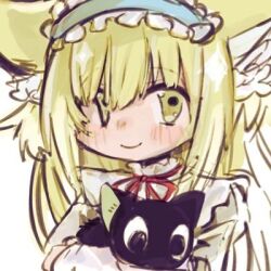 Rule 34 | 1girl, animal, arknights, bad link, black cat, blonde hair, blue hairband, blush, cat, closed mouth, crossover, frilled hairband, frills, green eyes, hairband, holding, holding animal, looking at viewer, lowres, luo xiaohei, luo xiaohei (cat), luo xiaohei zhanji, suzuran (arknights), usa (cani wan)