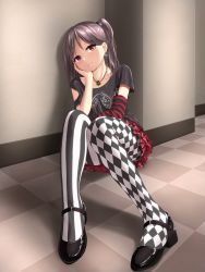 Rule 34 | 1girl, argyle, argyle clothes, argyle legwear, asymmetrical legwear, bad id, bad pixiv id, brown eyes, checkered floor, collarbone, detached sleeves, earrings, frilled skirt, frills, highres, jewelry, leaning, looking at viewer, mary janes, minagiku, mismatched legwear, necklace, original, pantyhose, pink eyes, pleated skirt, shoes, side ponytail, sitting, skirt, solo, striped clothes, striped legwear, striped pantyhose, vertical-striped clothes, vertical-striped pantyhose