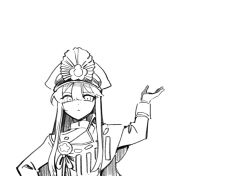 1girl :&lt; arm_up cape center-flap_bangs chin_on_palm_challenge closed_mouth fate/grand_order fate_(series) hair_between_eyes hand_up hat high_collar jacket long_hair long_sleeves looking_at_viewer medallion military_hat military_jacket military_uniform monochrome oda_nobunaga_(fate) peaked_cap sempon_(doppio_note) sidelocks simple_background white_background