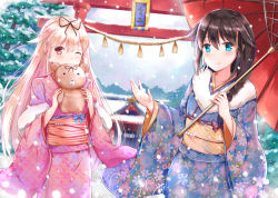 Rule 34 | 10s, 2girls, ;), ahoge, alternate costume, bad id, bad pixiv id, black ribbon, blonde hair, blue eyes, braid, brown hair, commentary request, covering own mouth, hair flaps, hair ornament, hair over shoulder, hair ribbon, japanese clothes, kantai collection, kimono, long hair, long sleeves, multiple girls, one eye closed, outdoors, red eyes, remodel (kantai collection), ribbon, shigure (kancolle), single braid, smile, snow, snowing, stuffed animal, stuffed toy, tailam, teddy bear, torii, wide sleeves, yuudachi (kancolle)